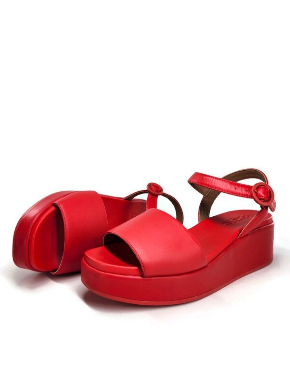 Camper Misia Red Leather Single Wide Strap Buckle Close Open-Toe Flatform Sandal